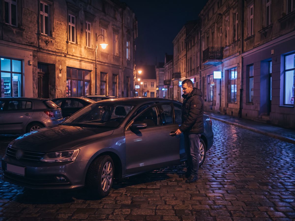Kierowca otwierający drzwi własnego auta przed nocnym kursem